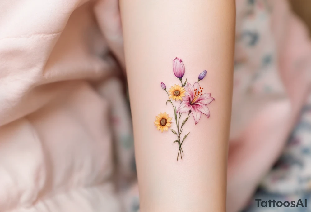 Dainty Stargazer lillies pale pink with no outline 
with small yellow sunflowers and pale purple tulip buds in a dainty wildflower bouquet with light green stems tattoo idea