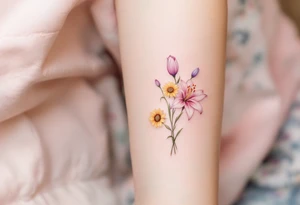 Dainty Stargazer lillies pale pink with no outline 
with small yellow sunflowers and pale purple tulip buds in a dainty wildflower bouquet with light green stems tattoo idea