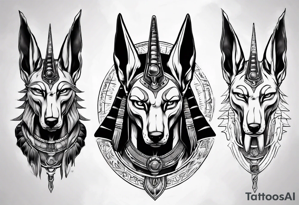 Angry anubis with rebirth background tattoo idea
