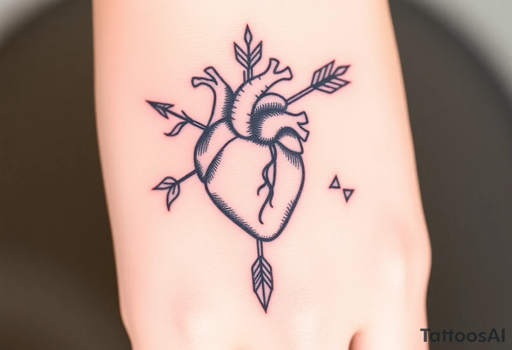 anatomical heart pierced by ornate arrow with flowing ribbons tattoo idea