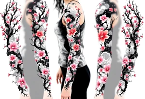 Japanese-Inspired Sakura Sleeve – A full arm sleeve with vibrant pink blossoms, bold black branches, and traditional elements like waves, smoke, and clouds, all done in a classical Irezumi style. tattoo idea
