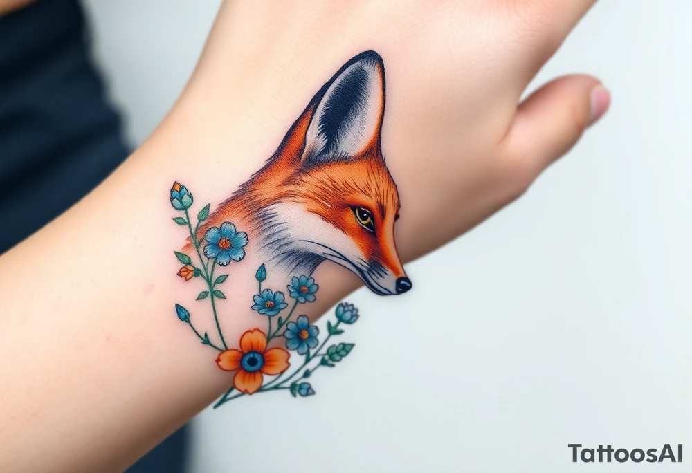 adult fox with blue jewelry smelling wild flowers tattoo idea