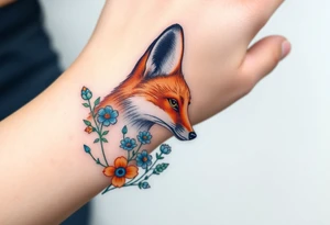 adult fox with blue jewelry smelling wild flowers tattoo idea