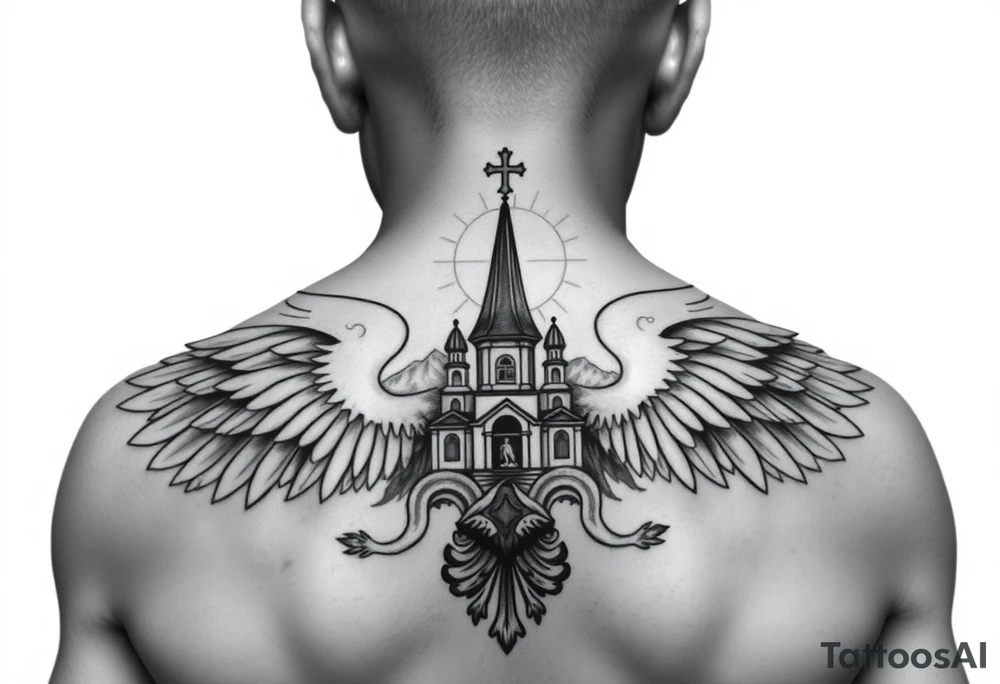 russian coat of arms with both heads visible & wings spanning out on my back neck across on to my shoulders with an orthodox christian church being visible in a mountainous sun beaming setting, with the russian orthodox cross spire of the orthodox church being visible on my neck with a sun beaming in the background that the cross sits inside tattoo idea