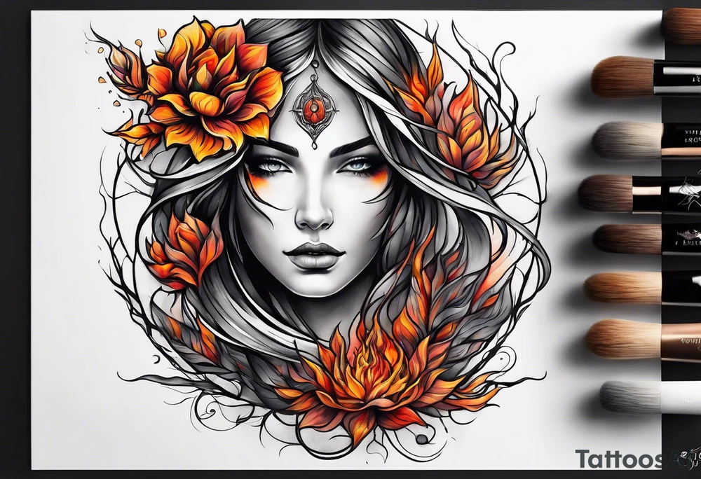Resurrection strength and courage overcoming trauma Beautiful Woman leaving a world of fire, chaos and fear  to inner peace and self-love  ethereal tattoo idea
