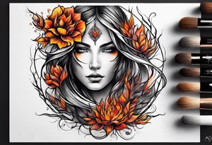 Resurrection strength and courage overcoming trauma Beautiful Woman leaving a world of fire, chaos and fear  to inner peace and self-love  ethereal tattoo idea