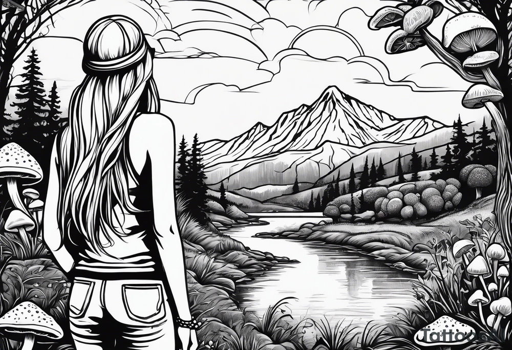 Straight long blonde hair hippie girl in distance holding mushrooms in hand facing away toward mountains and creek surrounded by mushrooms tee shirt and hiking pants tattoo idea