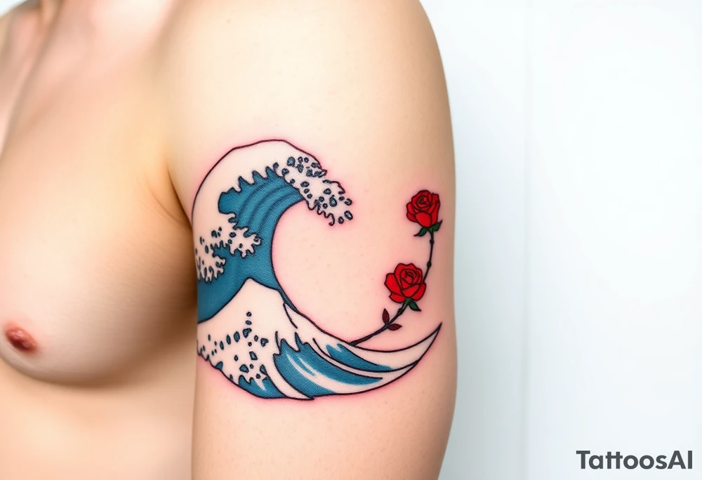 A detailed Great Wave off Kanagawa incorporate a red rose with a stem on the side of the wave tattoo idea