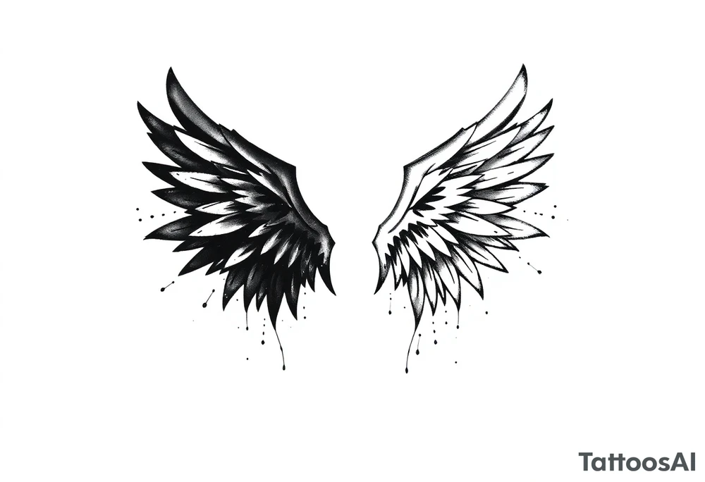 the wings go up

This tattoo design features a pair symmetrical angel wings drawn in black ink with a rough, sketch-like style. The left wing is darker, more defined, and appears denser, while the right wing is lighter, more delicate, and fragmented, creating a contrast between the two. The feathers are sharp and irregular, with fine lines and stray strokes extending outward, adding a raw and artistic feel. The overall look is dynamic and slightly chaotic, giving the impression of movement or an unfinished, ethereal form. This design symbolizes duality, freedom, transformation, or even struggle, making it a meaningful and visually striking tattoo. tattoo idea