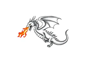 fierce dragon breathing iridescent fire against stormy skies tattoo idea