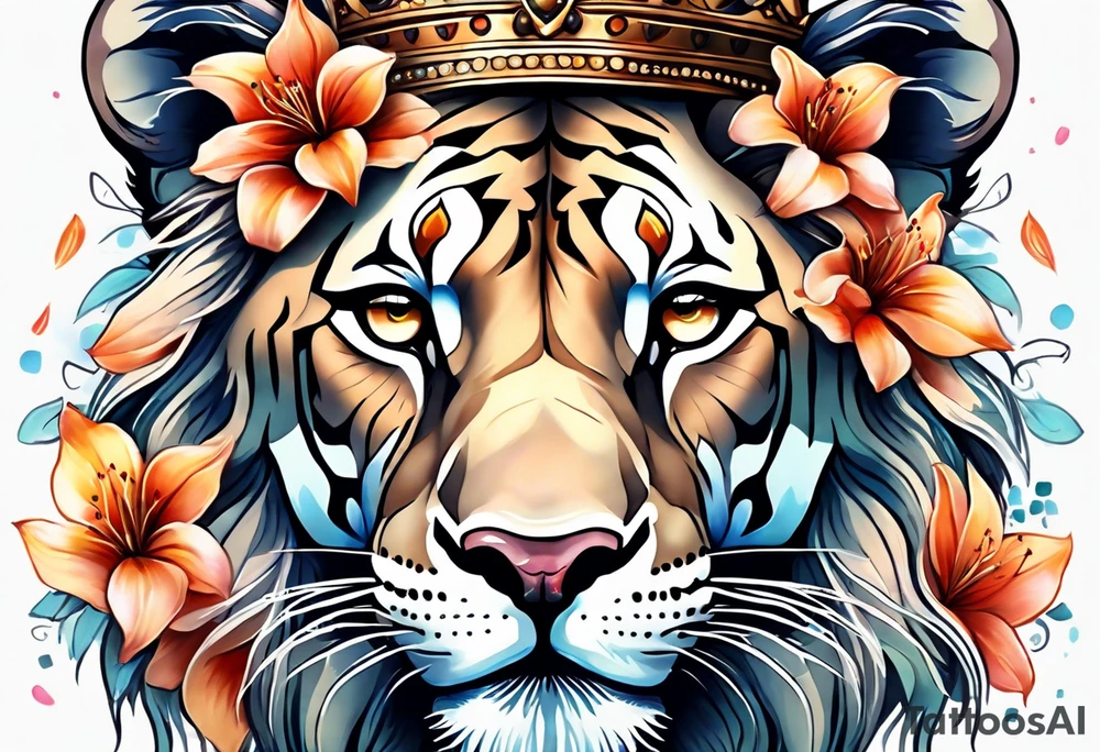 African lioness covered in lilies butterflies crown tattoo idea