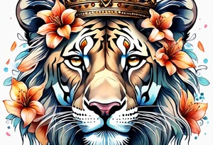 African lioness covered in lilies butterflies crown tattoo idea