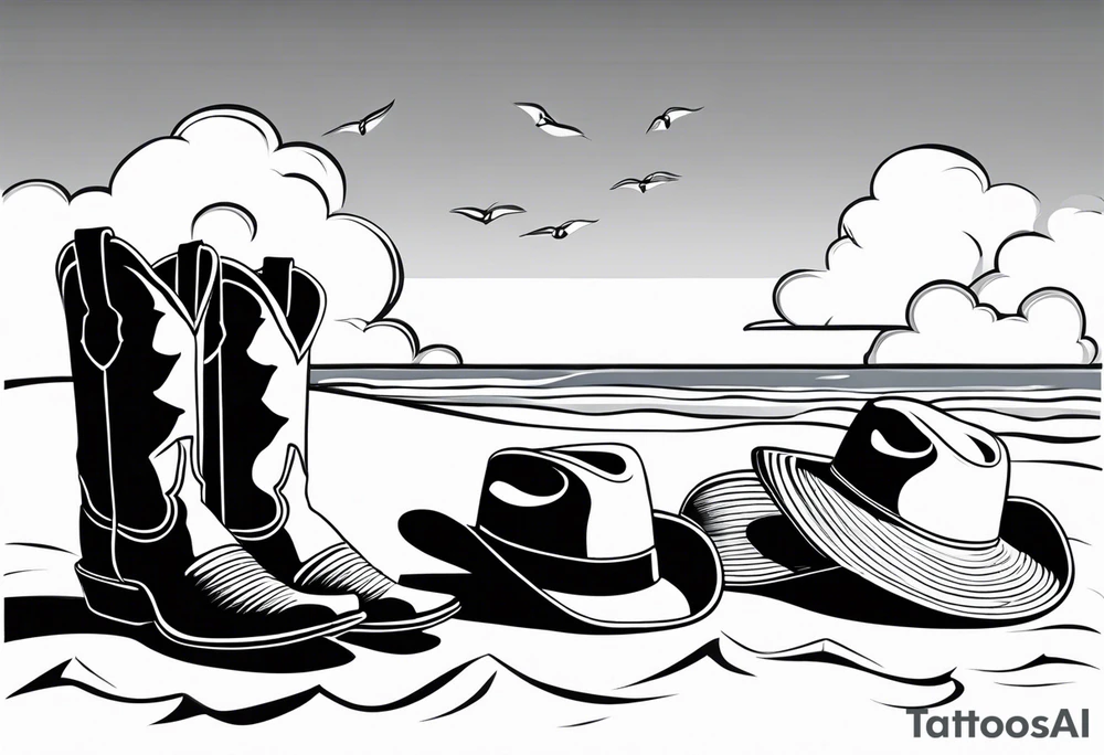 A pair of flip flops, a pair of mens boots, and a cowboyhat on the Beach. Keep it simple tattoo idea