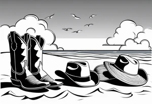 A pair of flip flops, a pair of mens boots, and a cowboyhat on the Beach. Keep it simple tattoo idea