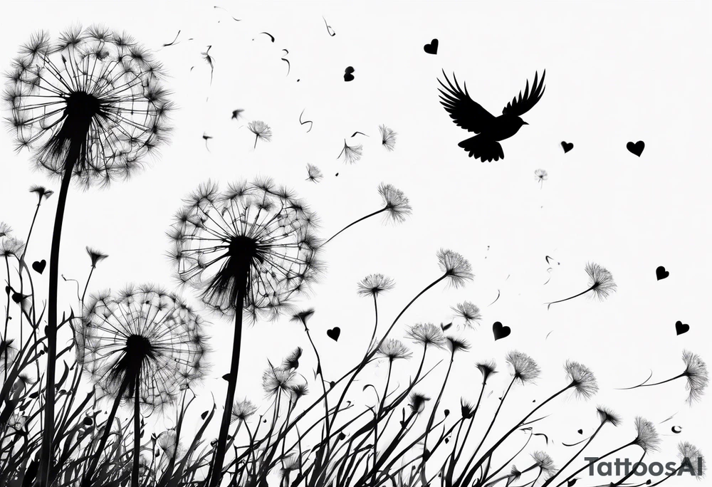 Dandelion, ligules blowing away, a few tiny hearts, little bird flying away to the future tattoo idea