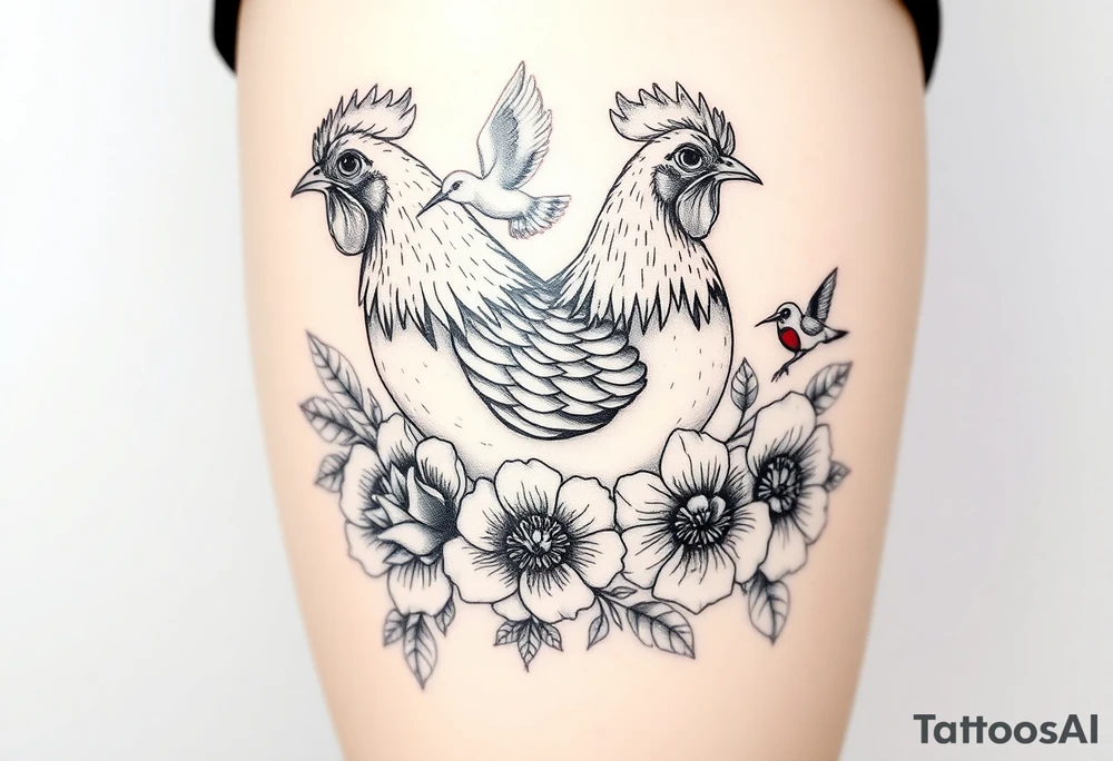 A chicken surrounded by peony , roses and hydrangeas with ladybug on flowers petal with hummingbird tattoo idea