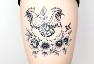 A chicken surrounded by peony , roses and hydrangeas with ladybug on flowers petal with hummingbird tattoo idea