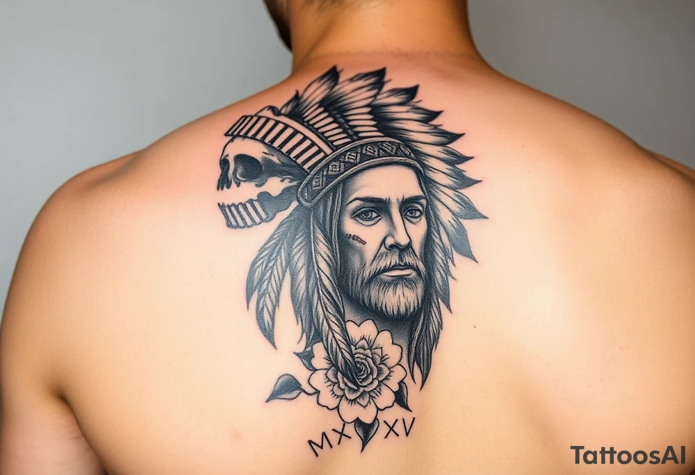 Arm sleeve tattoo. Starting at the shoulder black Indian headdress skull face with red strip war paint on left side of skull, Jesus Christ on forearm, floral background, MMXII and MMXIV on each side of Jesus. tattoo idea