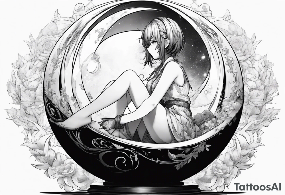 an anime girl sitting on a small sphere, staring front tattoo idea