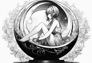 an anime girl sitting on a small sphere, staring front tattoo idea