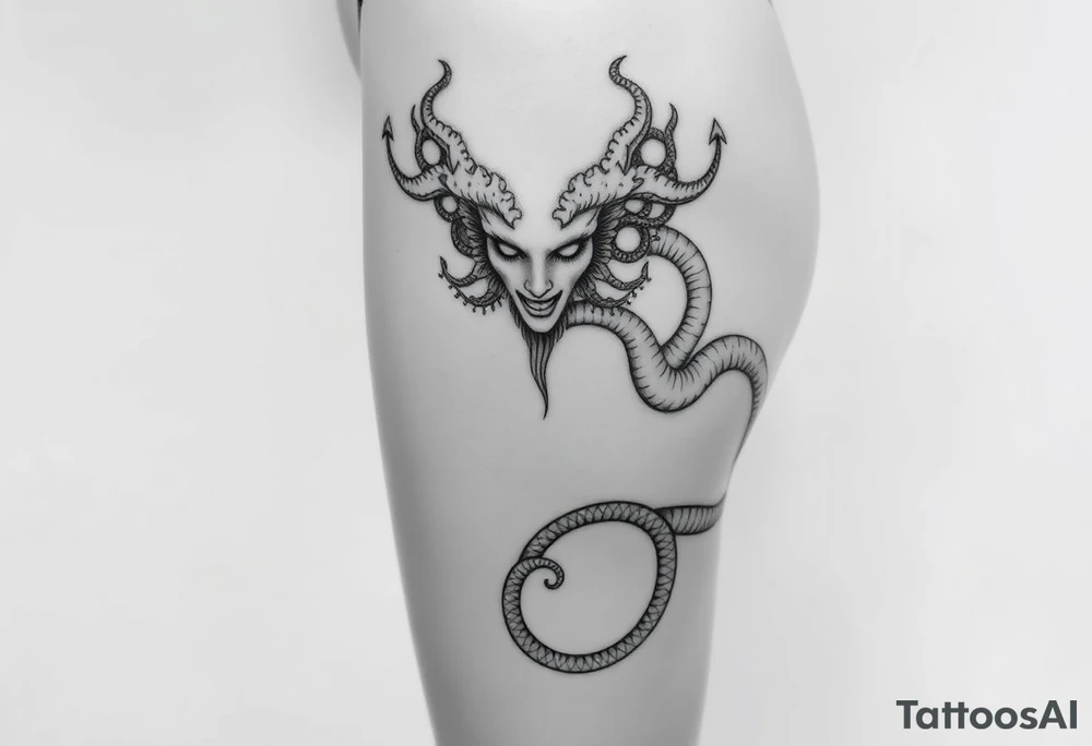 Medusa-inspired symbolism, feminine, dainty, large piece from hip to thigh (like a Tribal tattoo wrap it around the thigh of the leg tattoo idea