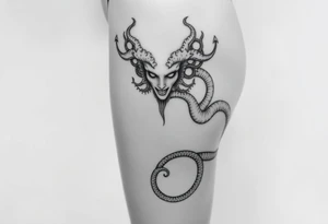Medusa-inspired symbolism, feminine, dainty, large piece from hip to thigh (like a Tribal tattoo wrap it around the thigh of the leg tattoo idea