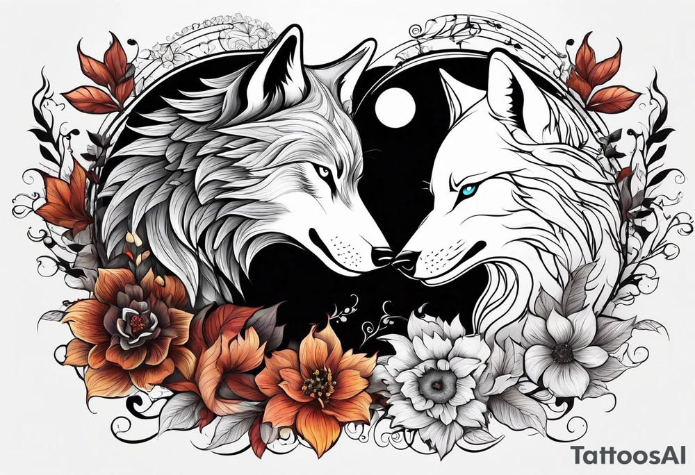 good wolf and bad wolf. Ying Yang style. Good wolf with flowers, autumn style. Bad wolf with fire and thorns. tattoo idea