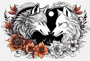 good wolf and bad wolf. Ying Yang style. Good wolf with flowers, autumn style. Bad wolf with fire and thorns. tattoo idea