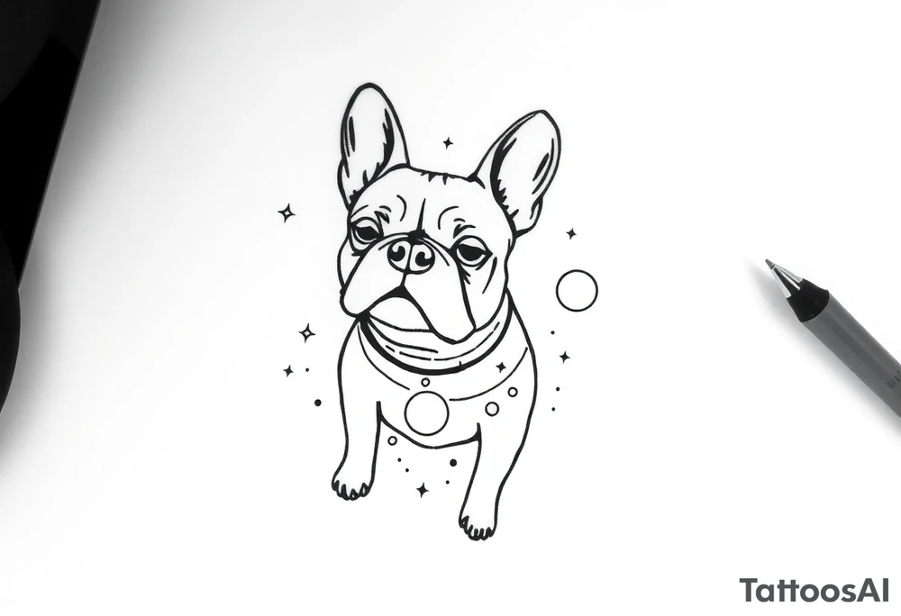 a space themed tattoo of my french bulldog mars. include space elements such as planets and stars tattoo idea