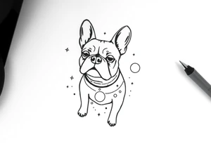 a space themed tattoo of my french bulldog mars. include space elements such as planets and stars tattoo idea
