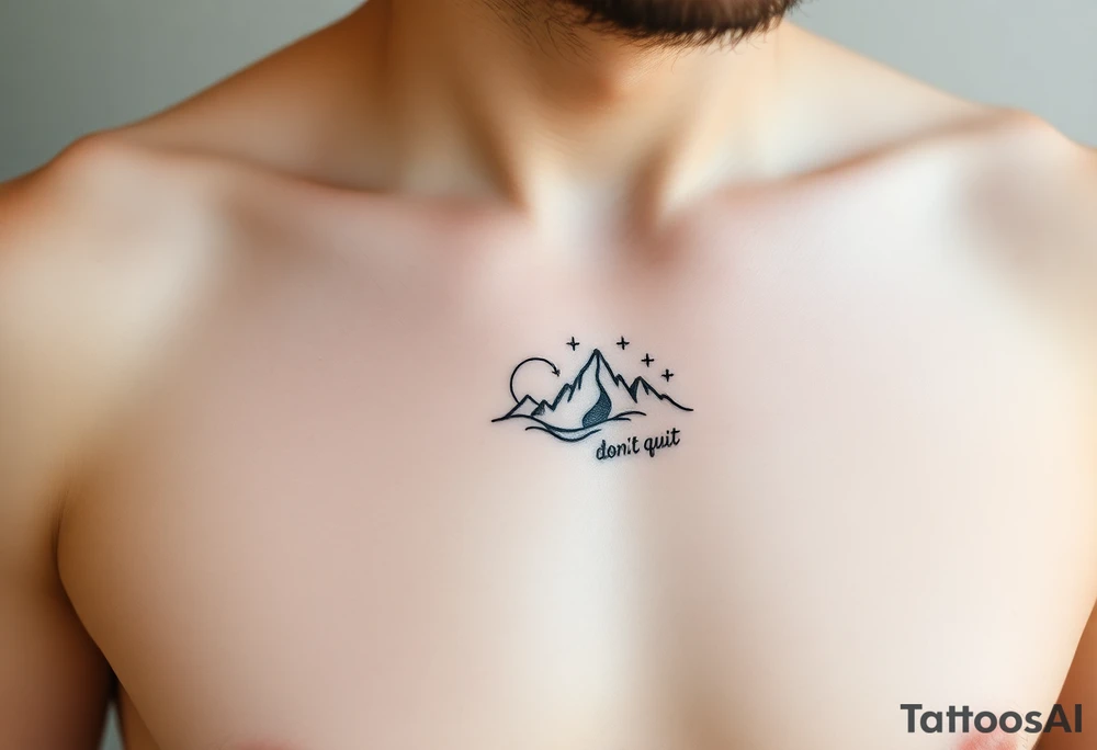 "Create a minimalist black-ink chest tattoo design placed at the center of the chest (over the heart). The tattoo should feature symbolic elements that represent trust, surrender, resilience, and faith in the journey of life. Include a gentle wave forming a spiral (representing letting go and flow), a subtle mountain range (symbolizing grounding and strength), and a small constellation of stars (symbolizing cosmic alignment and trust in the universe). The words 'don’t quit' should be delicately integrated into the design, not loud but intentional. The overall aesthetic should be fine-line, minimal, and poetic — evoking a sense of quiet strength, inner peace, and soulful endurance. Soft natural lighting on light skin." tattoo idea