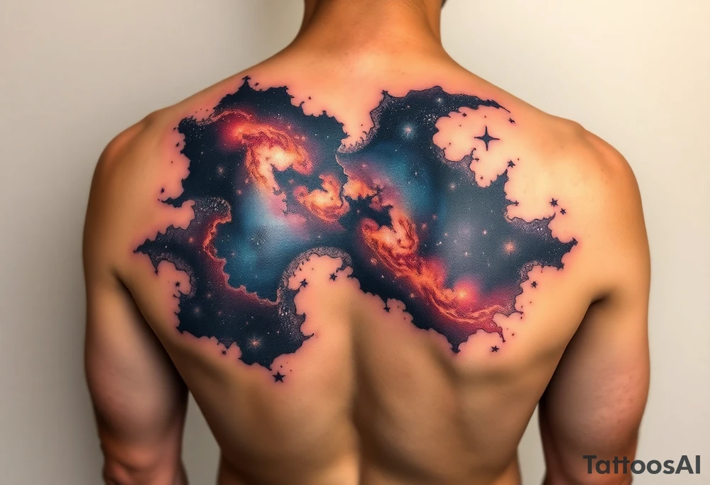 Beautiful and epic 3d milky way that appears to be what is beneath the skin. Make it drape over the shoulder and move to the middle back. use negative spaces to create stars and dust. Incorporate God breathing life into the universe. Keep it symmetrical tattoo idea