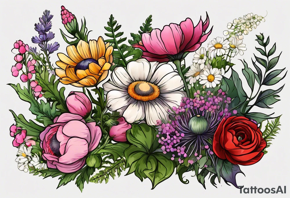 simple wildflowers with thistles, ferns, ranuculus, white anemones, sun flowers, red flowers, pink flowers, purple flowers, buttercups, babys breath, daisies, and greenery all in color tattoo idea