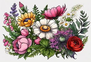 simple wildflowers with thistles, ferns, ranuculus, white anemones, sun flowers, red flowers, pink flowers, purple flowers, buttercups, babys breath, daisies, and greenery all in color tattoo idea