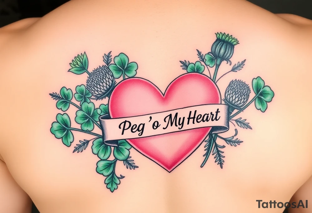 Bunch of Green shamrocks & thistles with a big pink heart and a banner across the heart that says " Peg 'o My Heart" tattoo idea