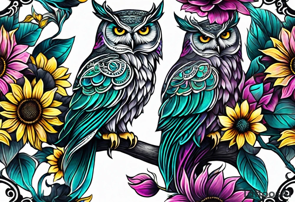 Leg Sleeve with black and white owl that's lightly shaded teal, pink and purple and yellow sunflowers tattoo idea