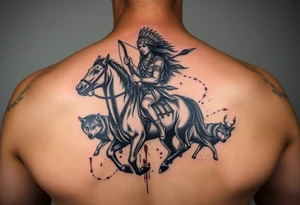 Native warrior women riding a horse with a strong bow and arrow, Surrounded by wolves & deer & blood splatter tattoo idea