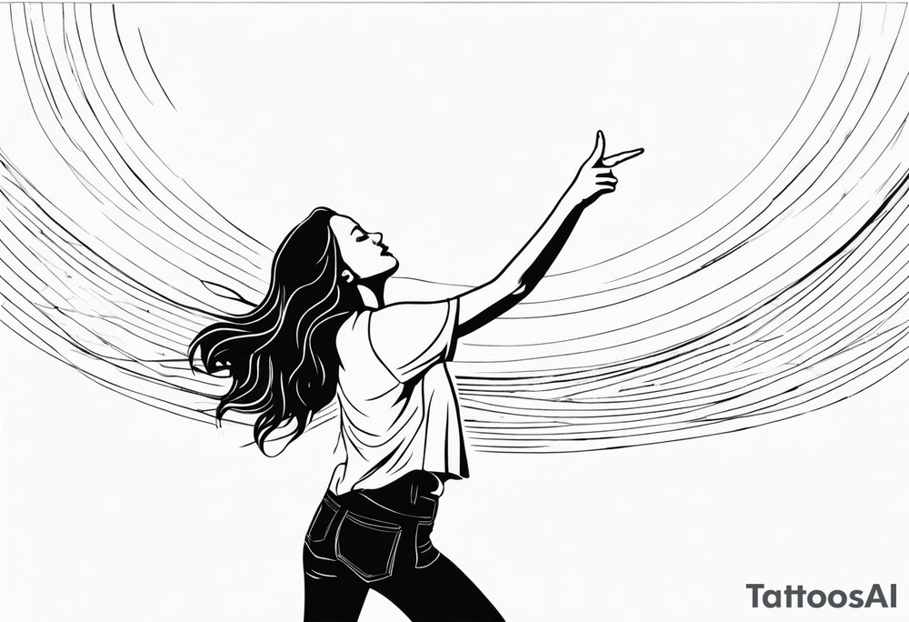 Woman standing with bent knees on a dancefloor pointing her fingers up in the sky tattoo idea
