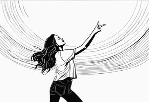 Woman standing with bent knees on a dancefloor pointing her fingers up in the sky tattoo idea