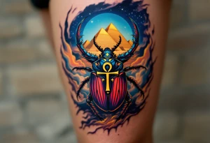 A scarab beetle carrying an Ankh, set against a backdrop of golden pyramids under a twilight sky. tattoo idea