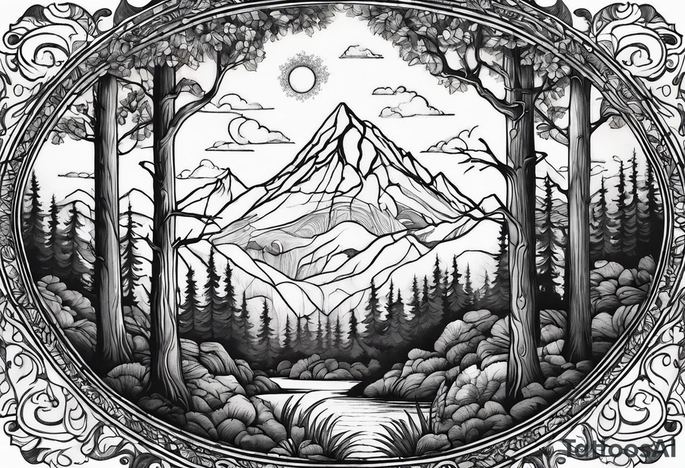 oval shape trees mountain tattoo idea