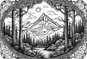 oval shape trees mountain tattoo idea