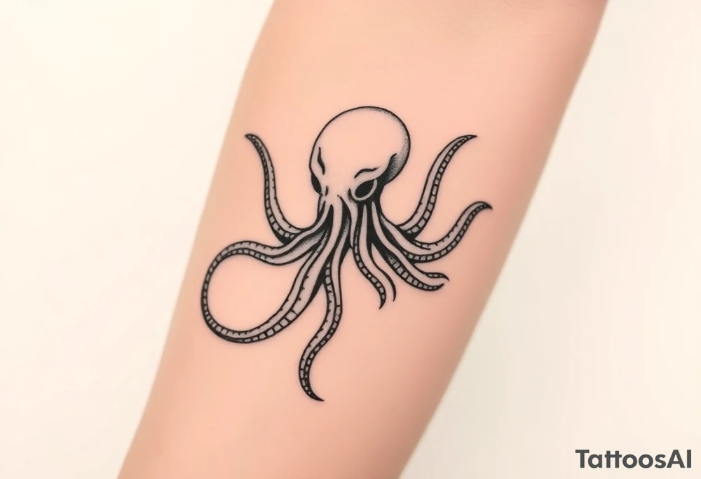 A minimalist blackwork tattoo design of an evil kraken The kraken is viewed from a 45-degree angle facing left, with its head centered. The tentacles extend only to the left and right, with none going downward beneath the head. The style is clean, fine-line detailing with bold outlines, avoiding heavy shading. The tentacles should be fluid, aggressive, and striking, enhancing the menacing and eerie look of the kraken while maintaining a cohesive design for a tattoo sleeve. tattoo idea
