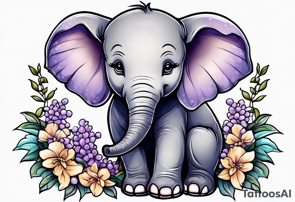 Baby elephant sitting with lilacs in its trunk tattoo idea