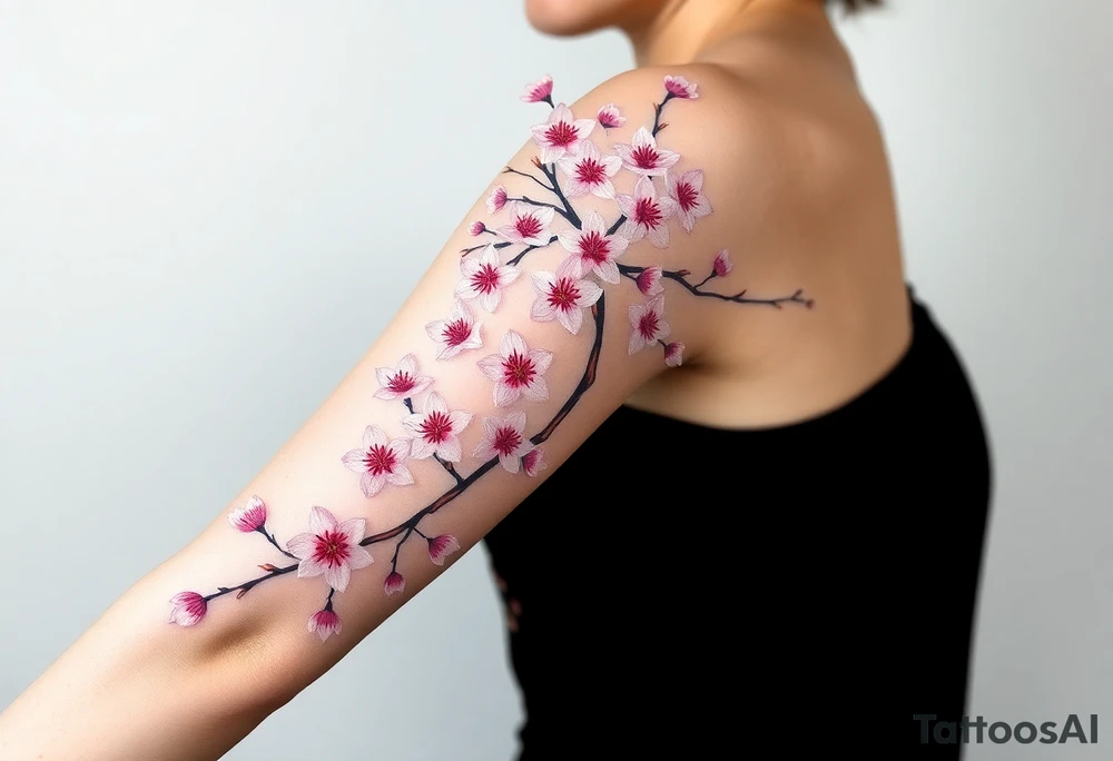 delicate cherry blossoms swirling in spring breeze with petals tattoo idea