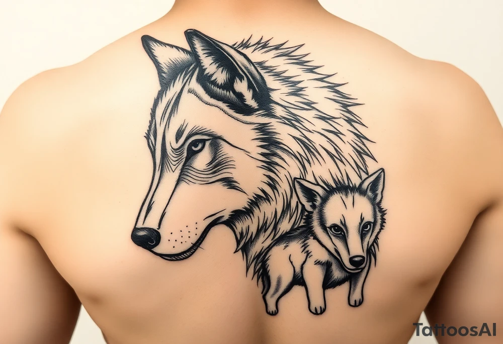 A solitary yet sublime and noble wolf and its progeny. the face tattoo idea