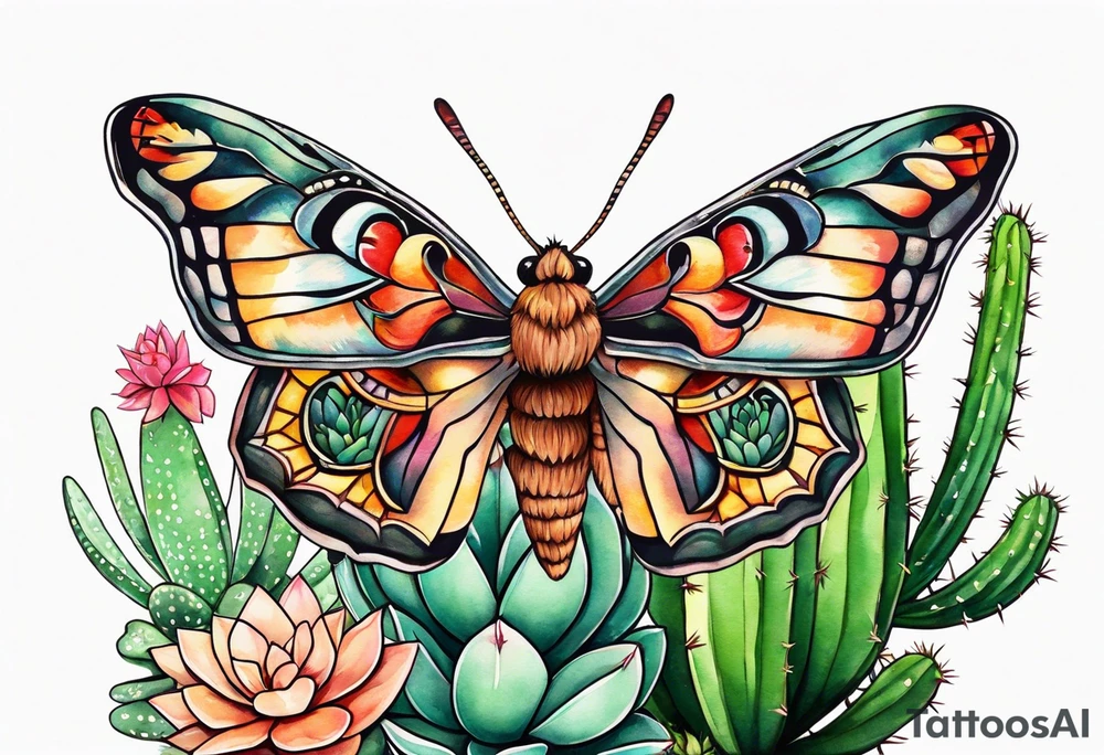 Modern Mexican style small moth with succulents in a garden with cactus tattoo idea