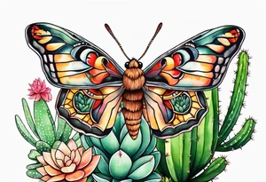 Modern Mexican style small moth with succulents in a garden with cactus tattoo idea
