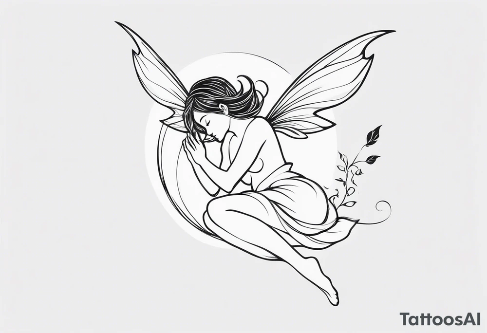 Minimalistic, monochromatic fairy with a tail flying to the left in a fetal position, leaning and looking in the same direction, with visible hands, embodying the 'Fairy Tail' logo aesthetic. tattoo idea