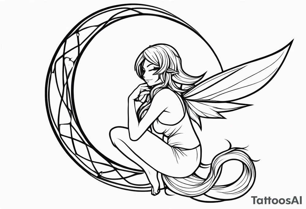 A fairy with a tail inspired by the logo of the show called Fairy Tail in a fetal position leaning in tattoo idea